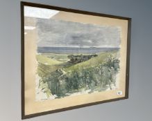 Alex Secher : A hillside view towards a coast, watercolour, 52cm by 39cm.