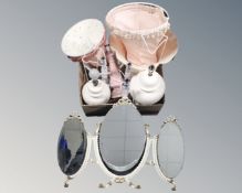 A box of contemporary table lamps together with folding tryptic mirror