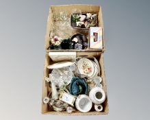 A box of two-way candleabrum, figures, porcelain vases,