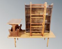 A 20th century teak effect coffee table together with a magazine table and two sets of bookshelves
