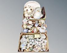Three boxes containing assorted ceramics including bread crock ornaments, Ringtons,