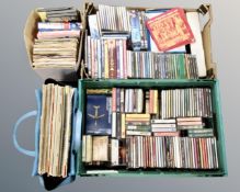 Two boxes, a crate and a bag containing assorted LP records, 45s, cassettes, CDs, DVDs etc.