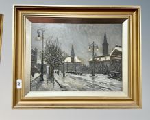 Continental School : Winter street scene, oil on board, 39cm by 29cm.
