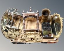 A box of circular Art Deco mirror, antique cast iron dressing table mirror (as found),