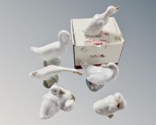 Five Nao geese figures, one boxed, and a further Lladro goose figure.