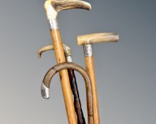 Four antique silver mounted walking canes,