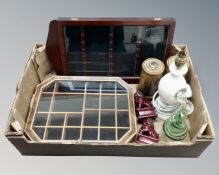 A box of alabaster lamp base, art glass paperweight, curio cabinet,