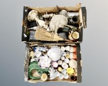 A quantity of porcelain egg cups, cups and saucers, seahorse ornament etc.