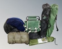 Fishing equipment including Crane Sports folding chair, two further folding chairs in carry bags,