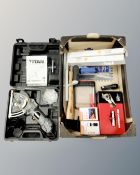 A box containing Titan mini circular hand saw in case, a Minotaur smoothing plane, boxed,
