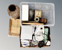 Two boxes containing a mantel clock, tabletop display boxes, dried flowers diorama in frame, clock,