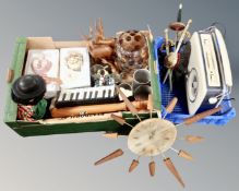 A box and crate containing vintage radio, teak sunburst wall clock, truncheons,