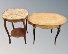 Two tier table with shaped marble inset top and a French oval inlaid table.