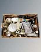 A box containing silver plated lidded tureen, further plated wares, brass goblets,