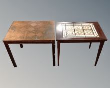 A Scandinavian tiled topped table and a copper topped table