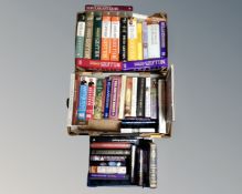 Three boxes containing books including antiques, guides, Oxford English Dictionary, history etc.