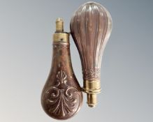 Two 19th century copper and brass powder flasks.