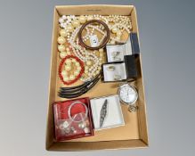 An Alpine pocket watch, costume pearl necklaces, watch straps, wire, bar brooch etc.