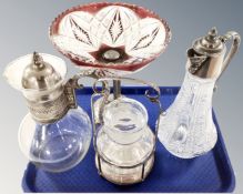 Two claret jugs with silver plated fittings,