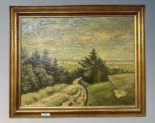 Continental School : Tree lined track, oil on canvas, 49cm by 39cm.