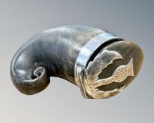 A George IV silver-mounted horn snuff mull, engraved Jas. T.