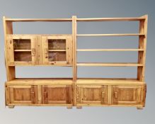 A two-section pine bookcase,