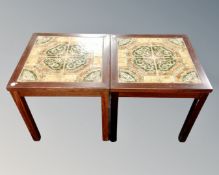 A pair rosewood effect tile topped square lamp tables.
