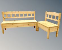 Two pine storage settles, measuring 152cm long and 80cm long respectively.