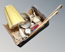 A box containing an onyx table lamp, two vintage walking sticks,