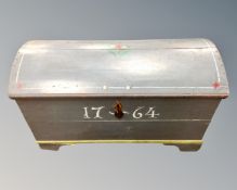 A 19th century Scandinavian painted pine domed topped blanket chest, bearing the date 1764,