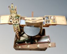 A concertina sewing box together with a box containing wooden stool, coat rack, trays etc.