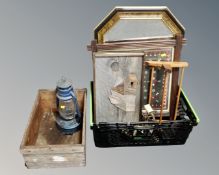A rustic pine crate together with a further plastic crate containing a contemporary mirror,