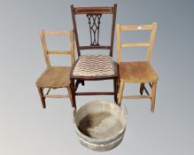 Two pine children's chairs, a mahogany chair and a metal bound oak wash bucket.