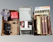 Two boxes containing embossed copper box, two volumes : Famous Paintings, snooker cue in case,