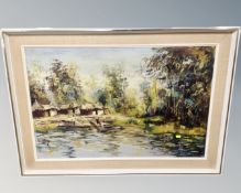 An oil on canvas depicting rowing boats with dwellings beyond.