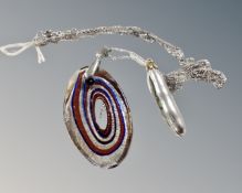 A white and yellow metal peapod on fancy silver chain and a Murano glass pendant on 18ct gold