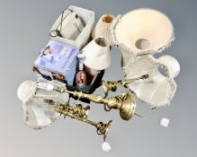 Two boxes of table lamps, a paper shredder, a citrus juicer etc.