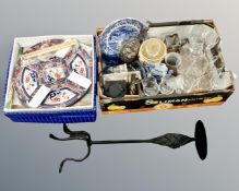 Two boxes containing oriental porcelain, hors-d'oeuvres dish, chopsticks, decanter with stopper,