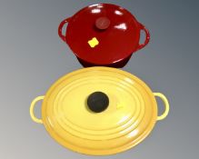 A Le Creuset casserole pan together with a Cousances cast iron casserole pan.