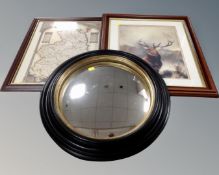 A circular contemporary port hole mirror together with a framed map of Northumberland and a further