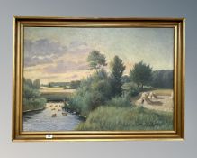 Continental school : river by a hay field, oil on canvas, 94 cm x 64 cm,