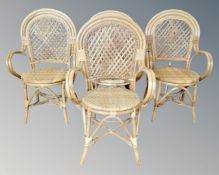 Four bamboo and wicker armchairs