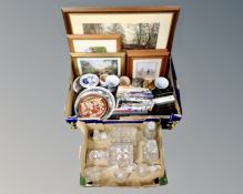 Two boxes containing decanters, Holy bible, further booklets, ceramic plates,