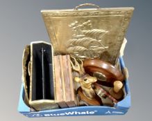 A box of brass magazine rack, fire screen,