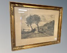 After Axel Holm : rural track by a lake, monochrome engraving,