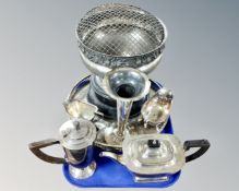 A tray containing vintage plated wares including rose bowl on stand, circular gallery tray,