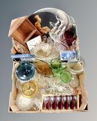 Two boxes of vintage and later glass, galleried silver plated tray, wooden corner bracket,