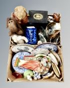 Two boxes of ceramics, plates, ornaments, glassware, a Big Ben clock etc.