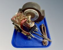 A novelty whiskey caddy together with an early 20th century mantel clock and a wall carving.