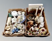 Two boxes of ceramic ornaments, decorative plates, commemorative ware, figures.